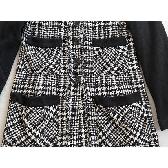 Luii Chic Black White Fringe Houndstooth Plaid Jacket Car Coat Size Large Wool - Picture 4 of 11